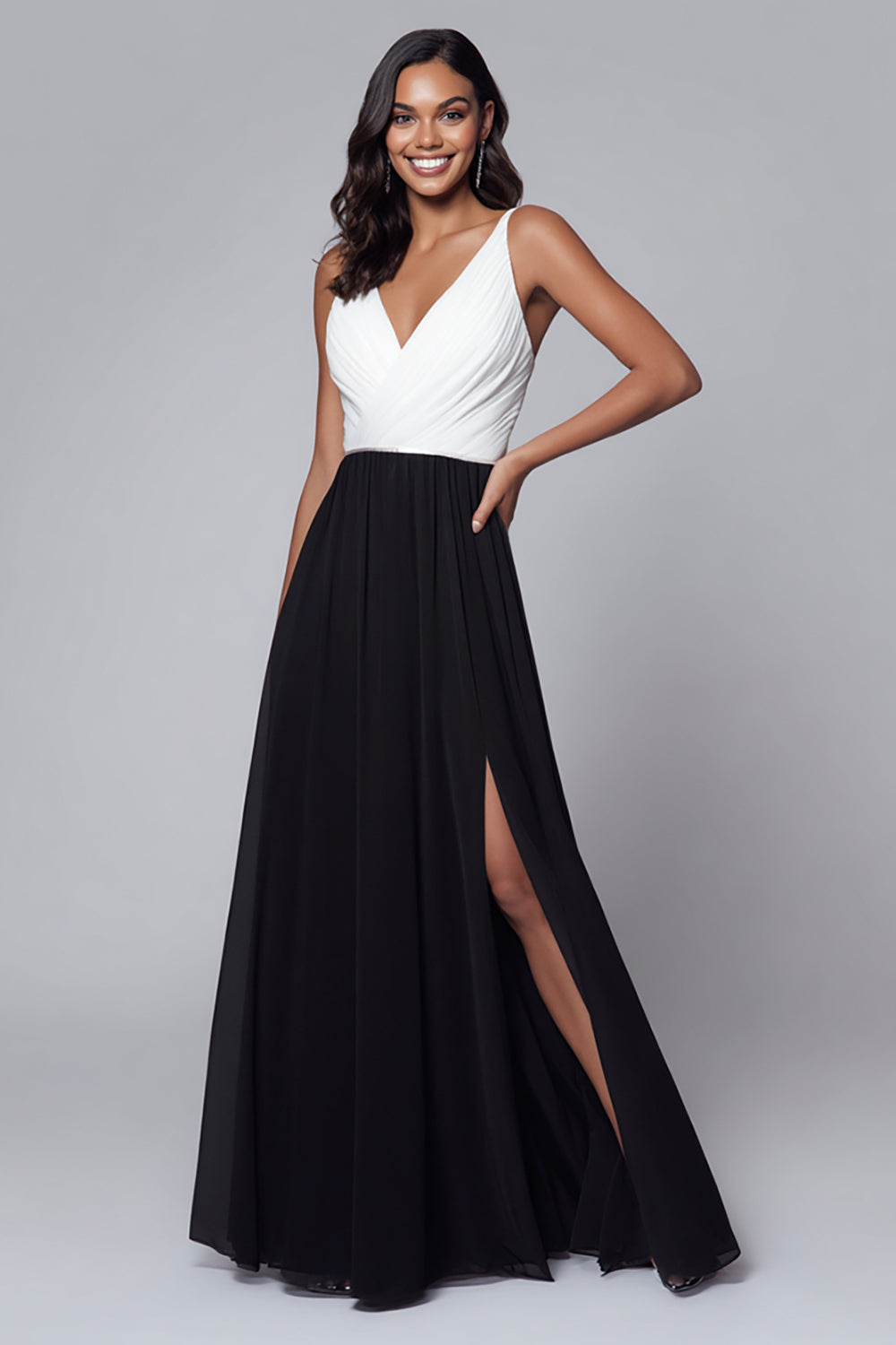 Black and White Chiffon A Line V-Neck Long Formal Dress with Slit