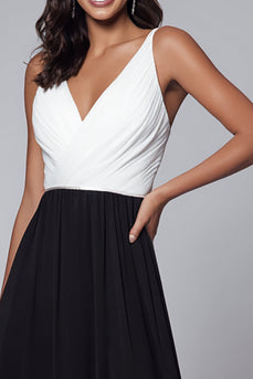 Black and White Chiffon A Line V-Neck Long Formal Dress with Slit