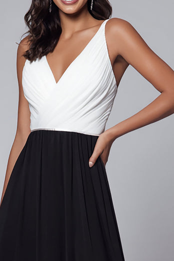 Black and White Chiffon A Line V-Neck Long Formal Dress with Slit
