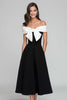 Load image into Gallery viewer, Black and White A Line Satin Off the Shoulder Long Formal Dress with Bow