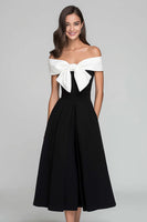 Load image into Gallery viewer, Black and White A Line Satin Off the Shoulder Long Formal Dress with Bow