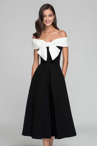 Black and White A Line Satin Off the Shoulder Long Formal Dress with Bow