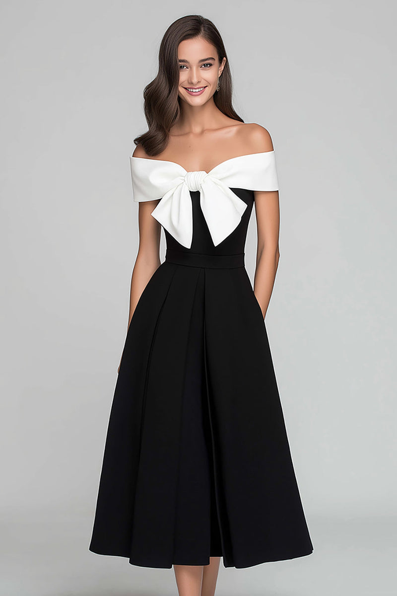 Load image into Gallery viewer, Black and White A Line Satin Off the Shoulder Long Formal Dress with Bow
