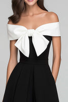 Load image into Gallery viewer, Black and White A Line Satin Off the Shoulder Long Formal Dress with Bow