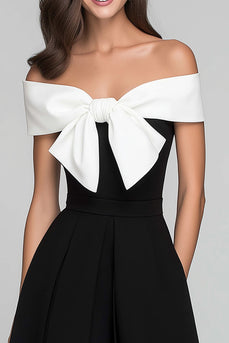 Black and White A Line Satin Off the Shoulder Long Formal Dress with Bow