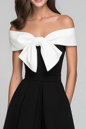 Black and White A Line Satin Off the Shoulder Long Formal Dress with Bow