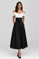 Load image into Gallery viewer, Black and White Satin Off the Shoulder A-Line Long Formal Dress