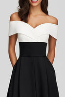 Load image into Gallery viewer, Black and White Satin Off the Shoulder A-Line Long Formal Dress