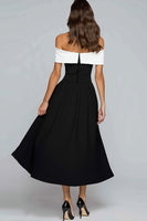 Load image into Gallery viewer, Black and White A-Line Off the Shoulder Long Formal Dress with Bow