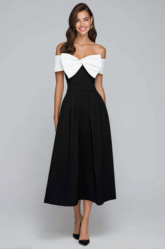 Black and White A-Line Off the Shoulder Long Formal Dress with Bow