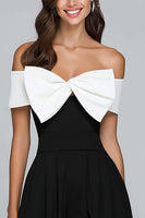 Load image into Gallery viewer, Black and White A-Line Off the Shoulder Long Formal Dress with Bow
