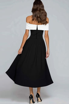 Black and White A-Line Off the Shoulder Long Formal Dress with Bow