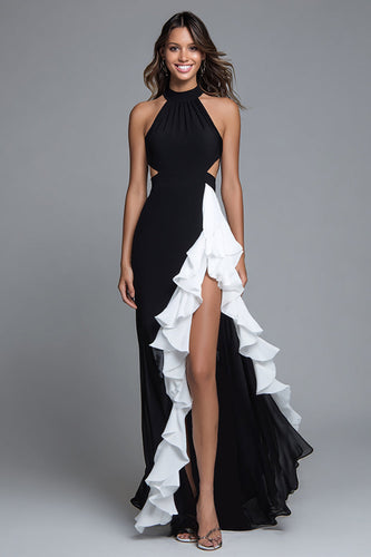 Black and White Chiffon Halter Cut-Out Long Formal Dress with Ruffles