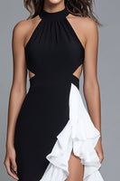 Load image into Gallery viewer, Black and White Chiffon Halter Cut-Out Long Formal Dress with Ruffles