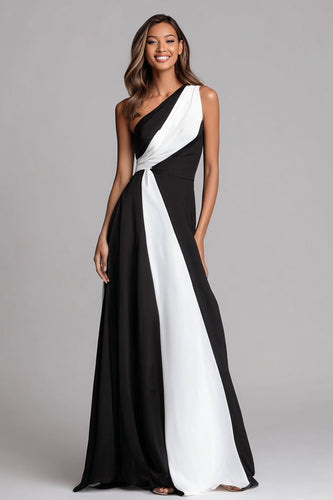 Black and White Satin Ruched Sheath One Shoulder Long Formal Dress