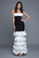 Load image into Gallery viewer, Black and White Satin Strapless Mermaid Ruffled Long Formal Dress