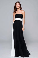 Load image into Gallery viewer, Black and White Chiffon Strapless Sheath Ruched Long Formal Dress