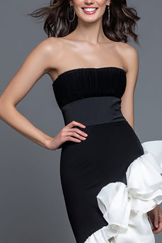 Black and White Chiffon Mermaid Strapless Long Formal Dress with Ruffles