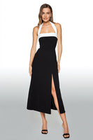 Load image into Gallery viewer, Black and White Satin Sheath Halter Long Formal Dress with Slit