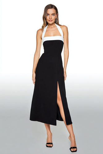 Black and White Satin Sheath Halter Long Formal Dress with Slit