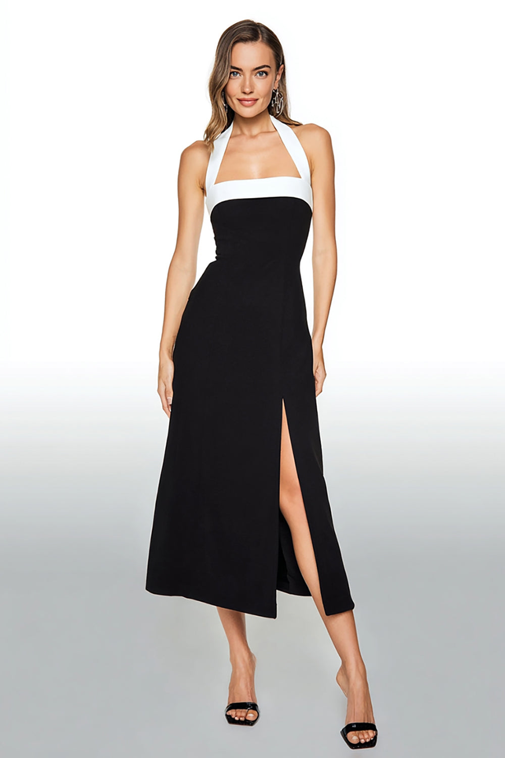 Black and White Satin Sheath Halter Long Formal Dress with Slit