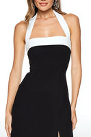 Load image into Gallery viewer, Black and White Satin Sheath Halter Long Formal Dress with Slit