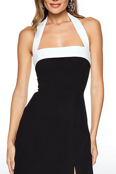 Black and White Satin Sheath Halter Long Formal Dress with Slit