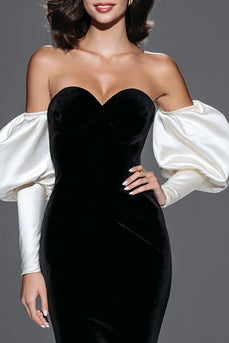 Black and White Velvet Mermaid Sweetheart Long Formal Dress with Sleeves