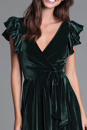 Dark Green Velvet V-Neck A-Line Long Holiday Party Dress with Ruffles