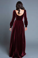 Load image into Gallery viewer, Burgundy A-Line Velvet Long Sleeves Holiday Party Dress with Slit