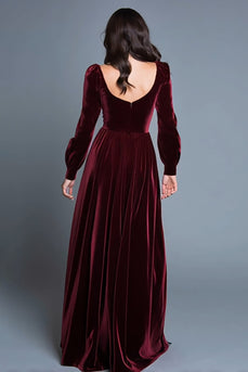 Burgundy A-Line Velvet Long Sleeves Holiday Party Dress with Slit