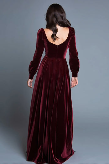 Burgundy A-Line Velvet Long Sleeves Holiday Party Dress with Slit