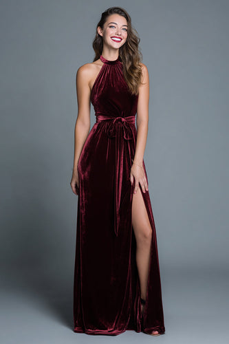 Burgundy A-Line Halter Velvet Long Holiday Party Dress with Slit