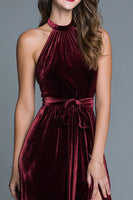 Load image into Gallery viewer, Burgundy A-Line Halter Velvet Long Holiday Party Dress with Slit