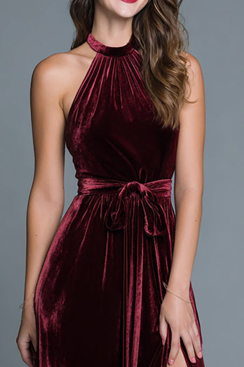 Burgundy A-Line Halter Velvet Long Holiday Party Dress with Slit