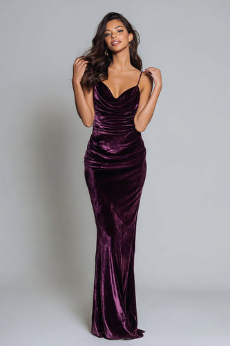 Plum Velvet Spaghetti Straps Mermaid Ruched Long Holiday Party Dress