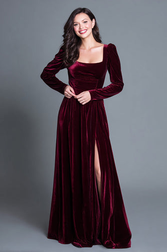 Burgundy Velvet Square Neck Long Sleeves Holiday Party Dress with Slit