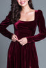 Load image into Gallery viewer, Burgundy Velvet Square Neck Long Sleeves Holiday Party Dress with Slit