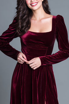Burgundy Velvet Square Neck Long Sleeves Holiday Party Dress with Slit