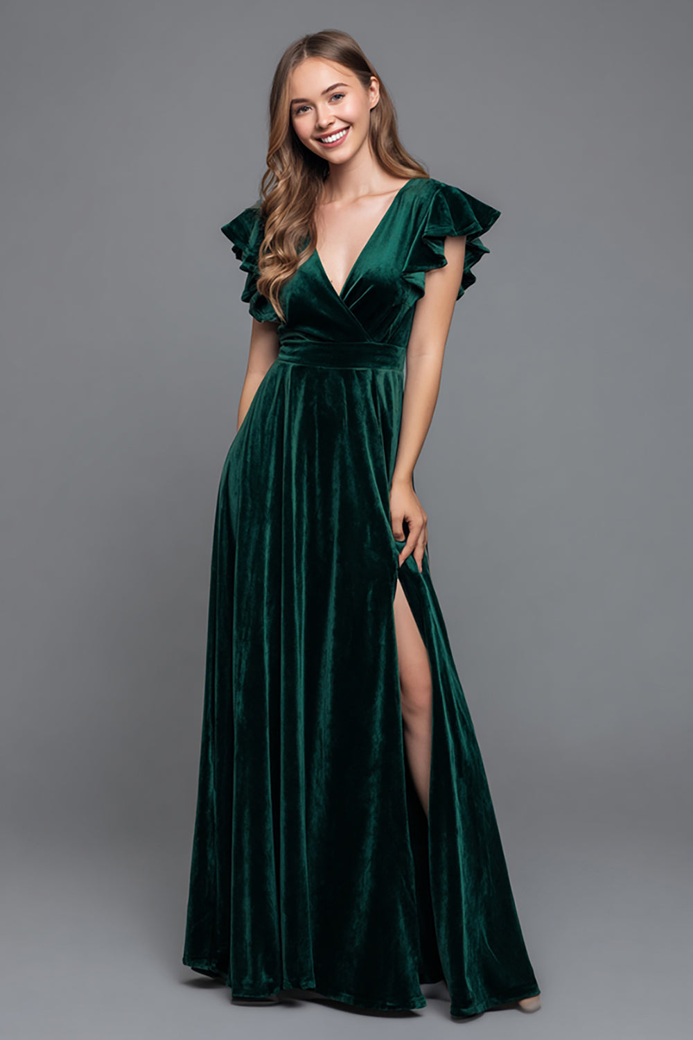 Dark Green Velvet V-Neck A-Line Long Holiday Party Dress with Slit