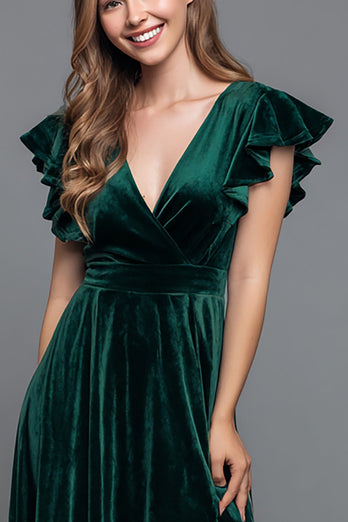 Dark Green Velvet V-Neck A-Line Long Holiday Party Dress with Slit