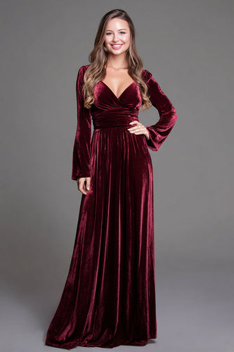 Burgundy Velvet A-Line V-Neck Long Sleeves Holiday Party Dress