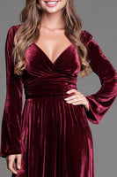 Load image into Gallery viewer, Burgundy Velvet A-Line V-Neck Long Sleeves Holiday Party Dress