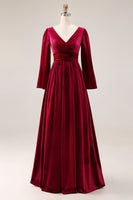Load image into Gallery viewer, Burgundy Velvet A-Line V-Neck Long Sleeves Holiday Party Dress