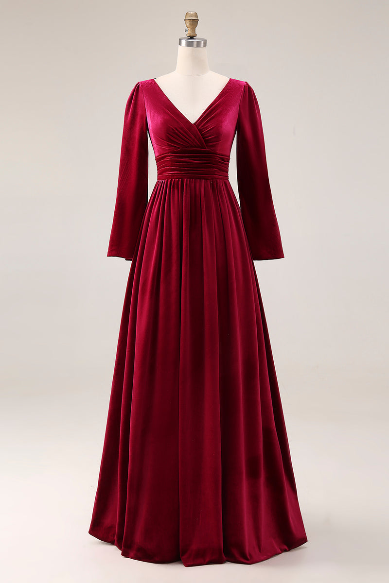 Load image into Gallery viewer, Burgundy Velvet A-Line V-Neck Long Sleeves Holiday Party Dress