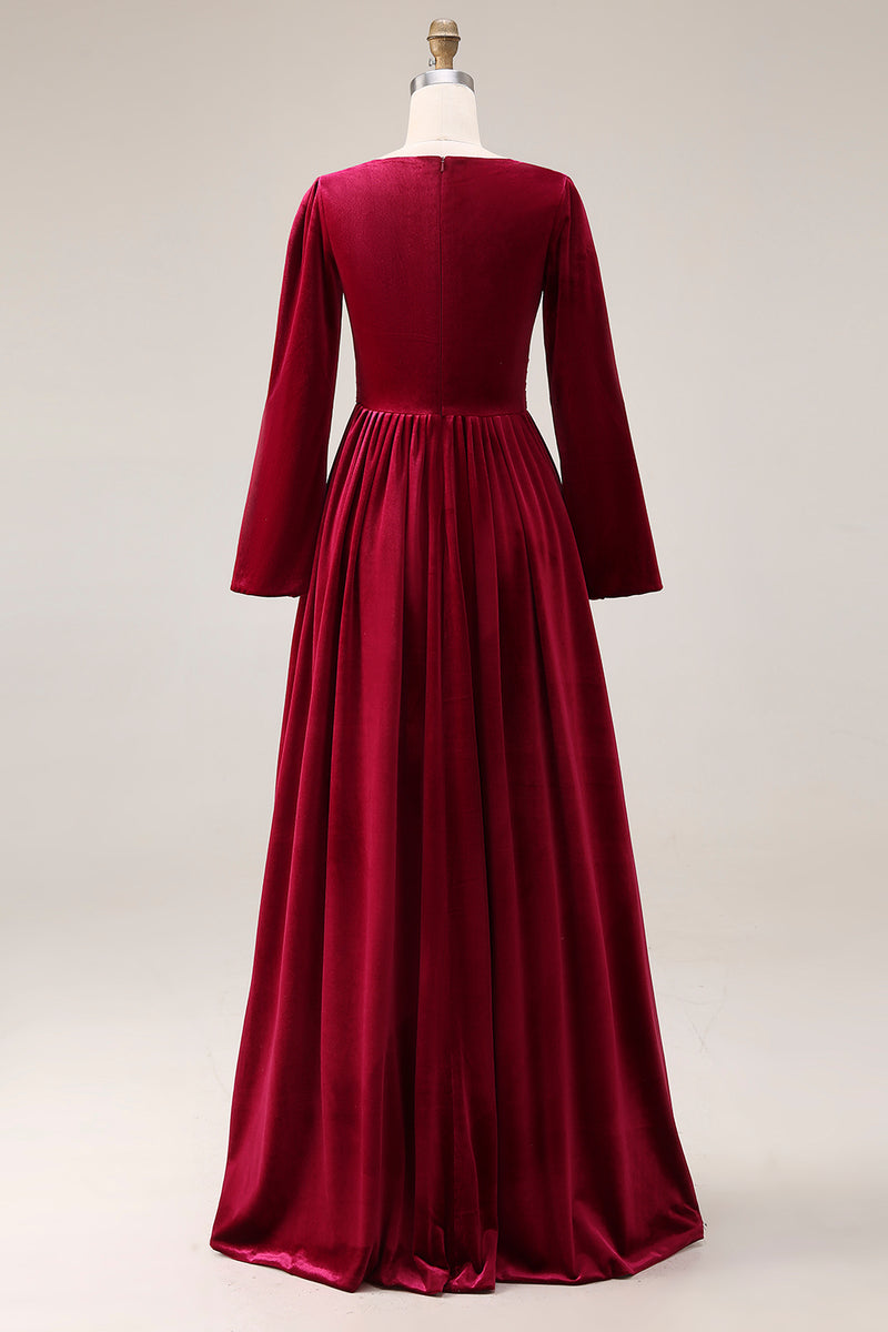 Load image into Gallery viewer, Burgundy Velvet A-Line V-Neck Long Sleeves Holiday Party Dress