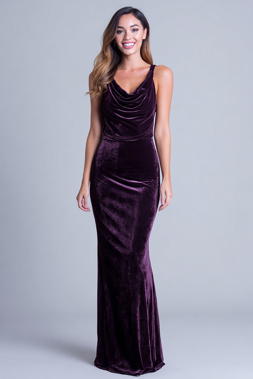 Plum Cowl Neck Mermaid Velvet Ruched Long Holiday Party Dress