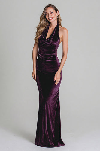 Plum Mermaid Velvet Halter Ruched Long Holiday Party Dress