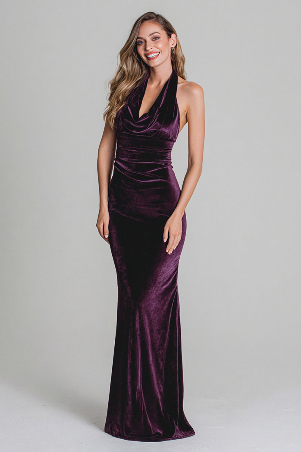Plum Mermaid Velvet Halter Ruched Long Holiday Party Dress