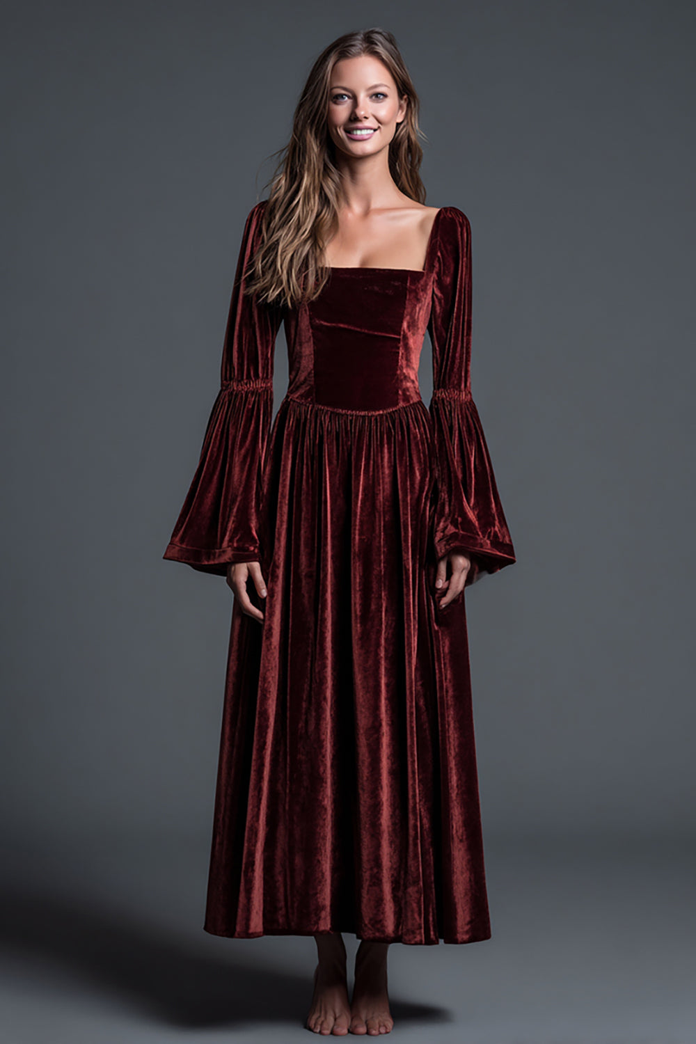 Burgundy Velvet A-Line Square Neck Long Sleeves Holiday Party Dress